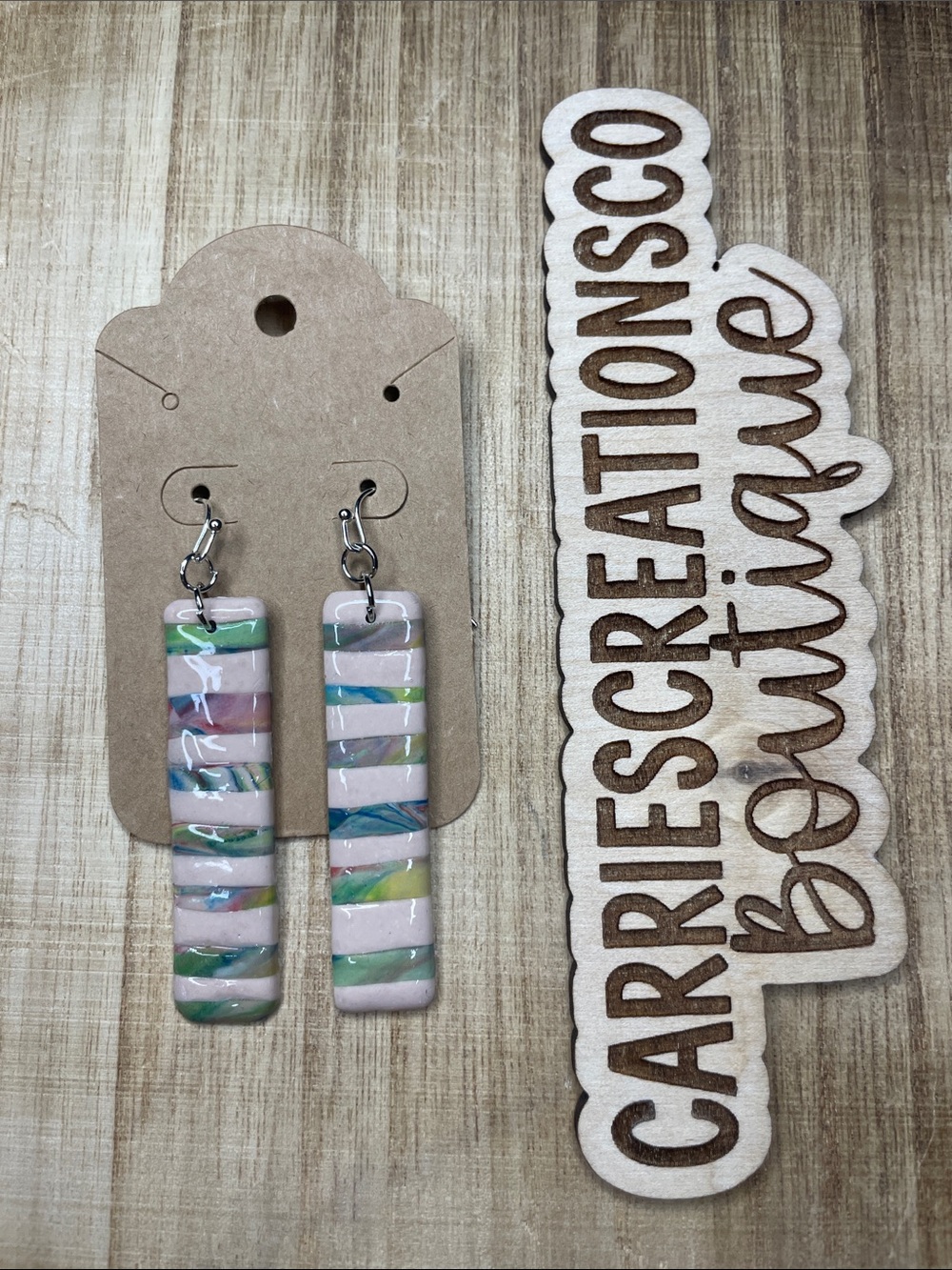 Handmade Striped Polymer Clay Dangle Earrings - Pastel Multicolor